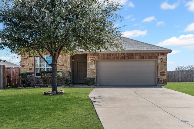 view of front of property with an attached garage, stone siding, a front lawn, and concrete driveway