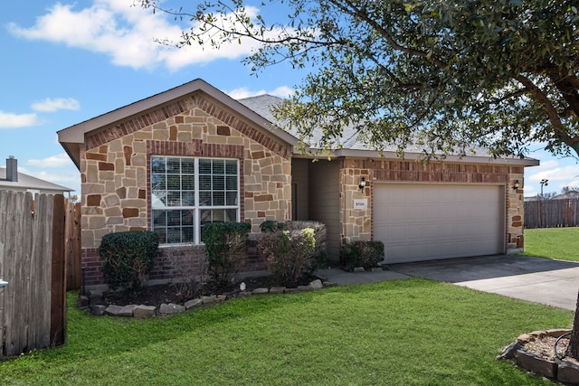 single story home featuring a garage, fence, driveway, stone siding, and a front lawn