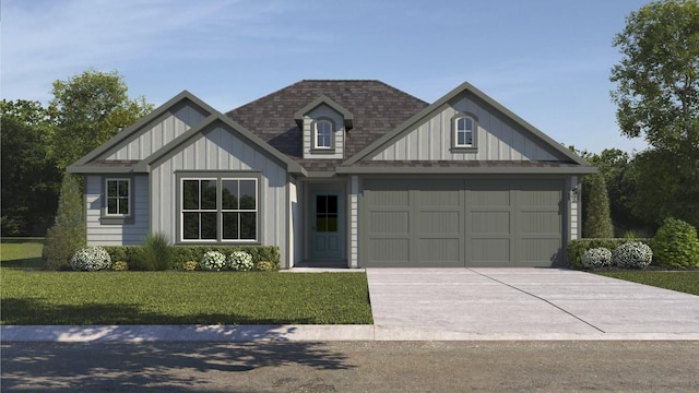 view of front of home featuring board and batten siding, a front yard, concrete driveway, and an attached garage