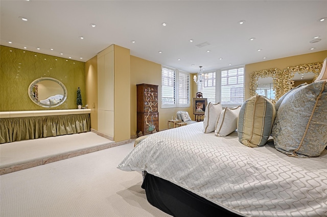 bedroom with carpet flooring, visible vents, and recessed lighting