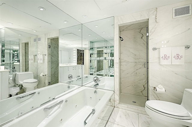 bathroom featuring toilet, marble finish floor, a marble finish shower, and visible vents