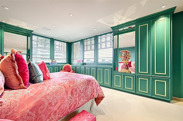 carpeted bedroom featuring visible vents and recessed lighting