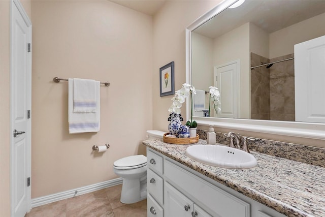 full bathroom featuring baseboards, a shower, toilet, tile patterned floors, and vanity