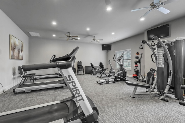 workout area featuring a ceiling fan, recessed lighting, baseboards, and carpet