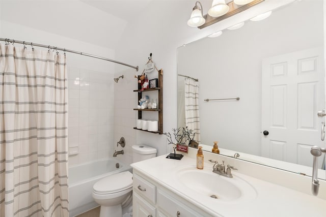 bathroom with toilet, vanity, and shower / bath combination with curtain