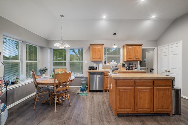 kitchen with dishwasher, lofted ceiling, a kitchen island, dark wood-type flooring, and light countertops