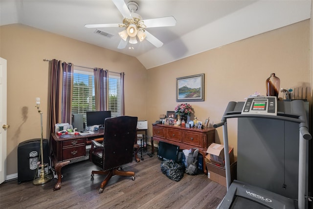 office space with lofted ceiling, dark wood-style floors, visible vents, and a ceiling fan