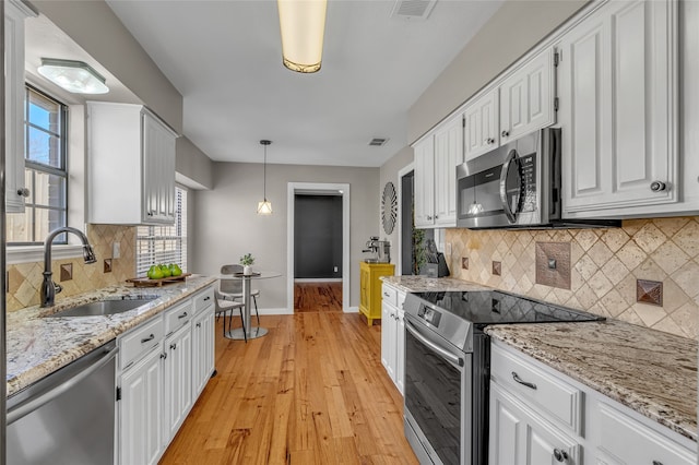 kitchen with appliances with stainless steel finishes, visible vents, a sink, and white cabinetry