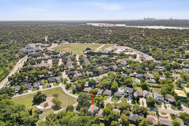 aerial view featuring a residential view and a water view
