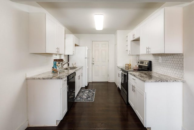 kitchen with light stone countertops, black dishwasher, stainless steel electric range, and dark wood-type flooring