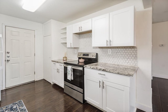 kitchen featuring light stone counters, electric range, dark wood-style flooring, white cabinetry, and open shelves