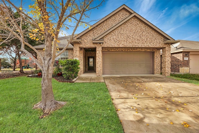 ranch-style home featuring a front lawn, concrete driveway, brick siding, and an attached garage