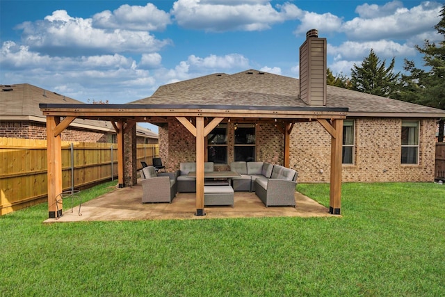 back of house featuring a fenced backyard, a shingled roof, outdoor lounge area, a lawn, and a patio area