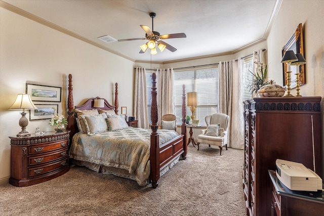 bedroom with carpet, visible vents, crown molding, and ceiling fan