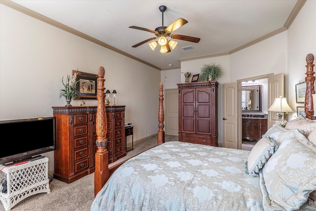 bedroom with carpet floors, baseboards, visible vents, and crown molding