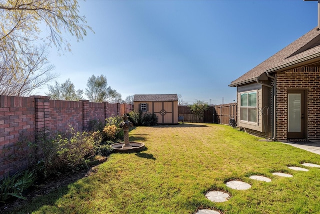 view of yard with an outbuilding, a storage unit, and a fenced backyard