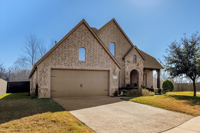 view of front of house with driveway, stone siding, fence, a front lawn, and brick siding