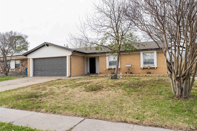 ranch-style home with driveway, brick siding, an attached garage, and a front lawn