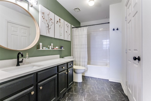 bathroom with toilet, vanity, visible vents, marble finish floor, and shower / bath combo