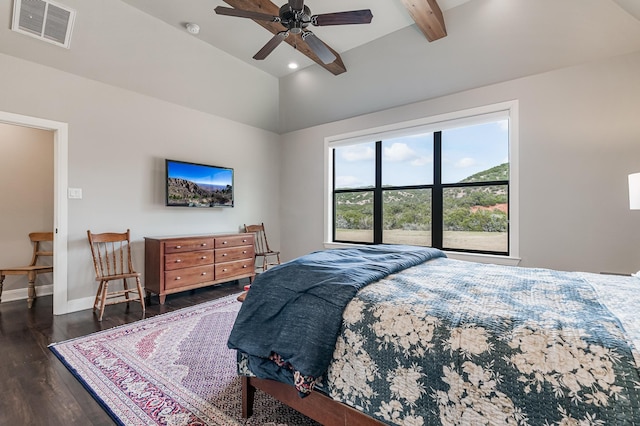 bedroom with dark wood-style flooring, visible vents, a ceiling fan, beamed ceiling, and baseboards