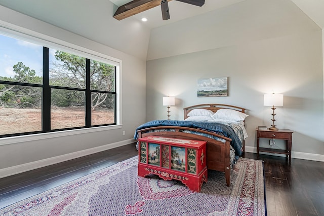 bedroom with vaulted ceiling with beams, recessed lighting, ceiling fan, baseboards, and hardwood / wood-style flooring