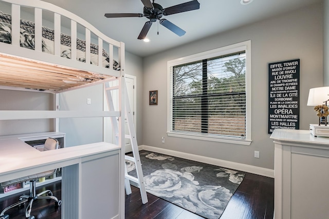 bedroom with dark wood-type flooring, recessed lighting, baseboards, and a ceiling fan