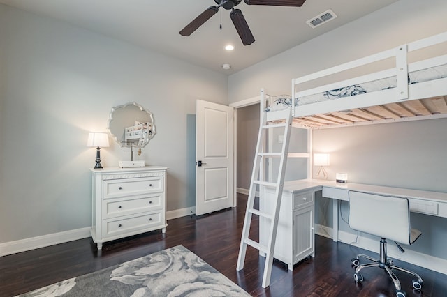 bedroom with recessed lighting, dark wood finished floors, visible vents, and baseboards