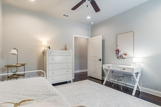 bedroom with recessed lighting, visible vents, a ceiling fan, wood finished floors, and baseboards