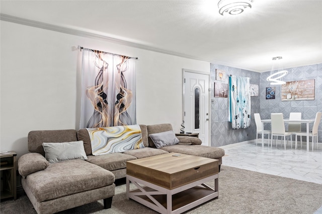 living room with wallpapered walls, baseboards, marble finish floor, crown molding, and a notable chandelier