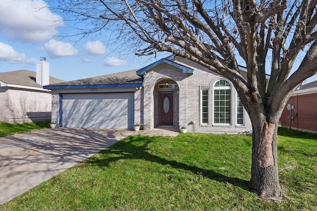 single story home featuring a garage, brick siding, concrete driveway, and a front yard