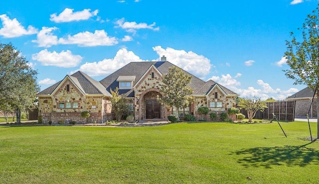 view of front of property with stone siding, a chimney, and a front lawn