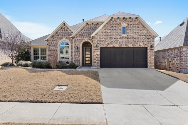 view of front facade with a garage, brick siding, driveway, and roof with shingles