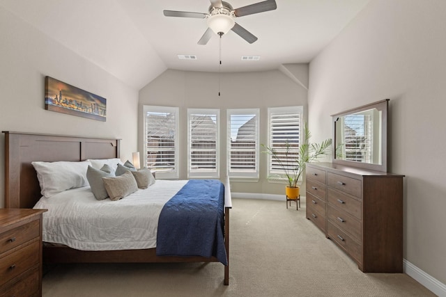 bedroom with visible vents, light carpet, and baseboards