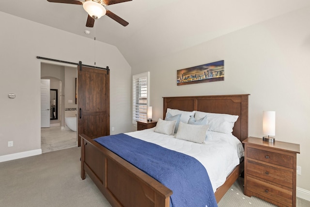 bedroom featuring a barn door, arched walkways, a ceiling fan, light colored carpet, and vaulted ceiling