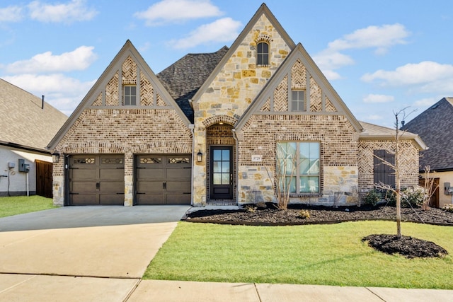 view of front of house with brick siding, a front lawn, roof with shingles, stone siding, and driveway