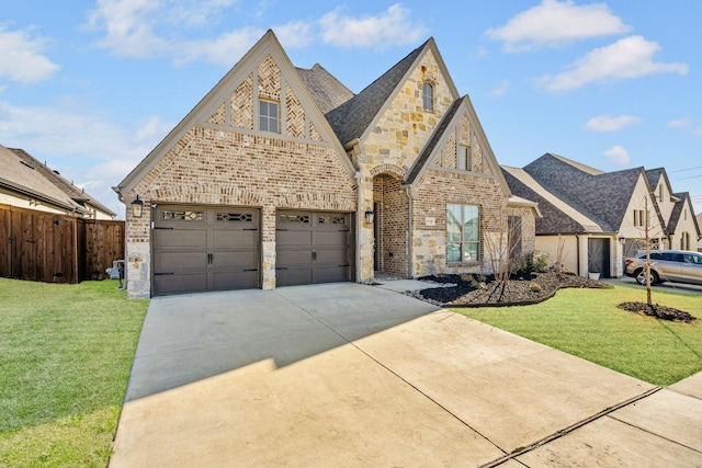 view of front of home featuring fence, a front lawn, concrete driveway, stone siding, and brick siding