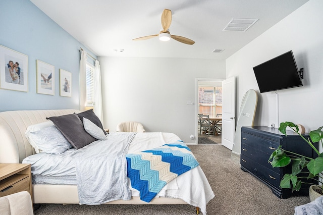 bedroom with carpet, visible vents, ceiling fan, and baseboards