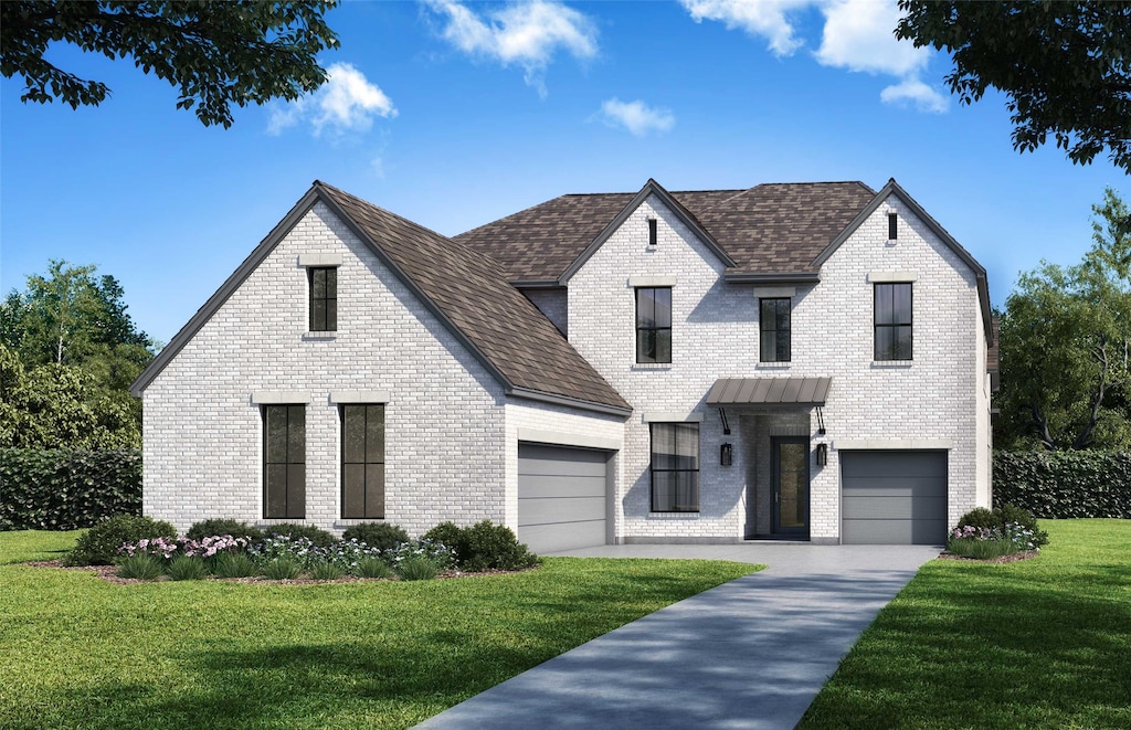 view of front of home with a garage, brick siding, driveway, roof with shingles, and a front yard