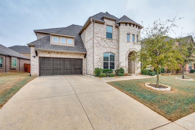 french country home with a garage, brick siding, a shingled roof, driveway, and a front yard