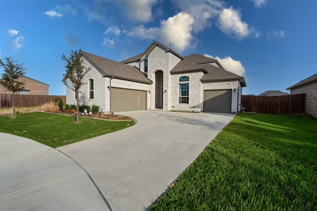 french country style house featuring a shingled roof, fence, a garage, driveway, and a front lawn