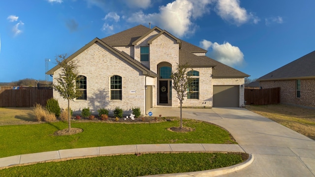 french country home featuring brick siding, driveway, a front lawn, and fence