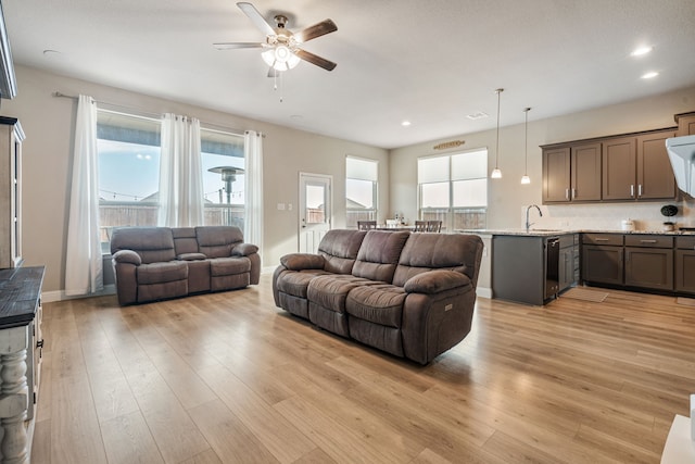 living room featuring baseboards, light wood-type flooring, and a healthy amount of sunlight