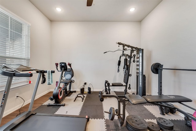1016 Northern Oaks Ct, Springtown, TX 76082 - exercise area featuring baseboards, wood finished floors, a ceiling fan, and recessed lighting