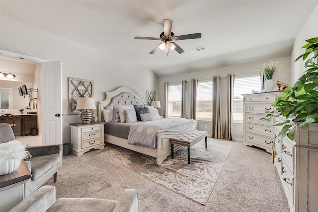 1016 Northern Oaks Ct, Springtown, TX 76082 - bedroom featuring light colored carpet, connected bathroom, and ceiling fan