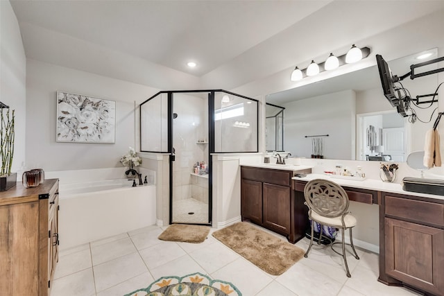 1016 Northern Oaks Ct, Springtown, TX 76082 - full bath with a garden tub, a shower stall, vanity, tile patterned flooring, and recessed lighting