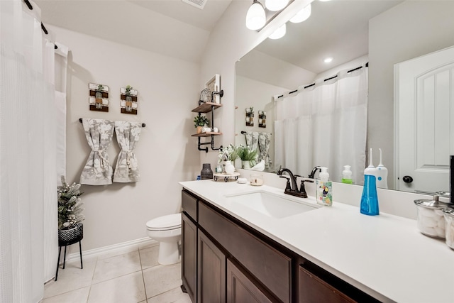 1016 Northern Oaks Ct, Springtown, TX 76082 - bathroom featuring toilet, vanity, tile patterned flooring, baseboards, and a shower with shower curtain