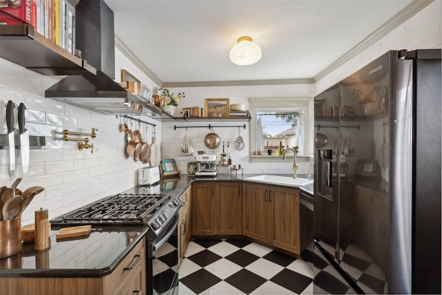 kitchen featuring open shelves, a sink, appliances with stainless steel finishes, ornamental molding, and light floors