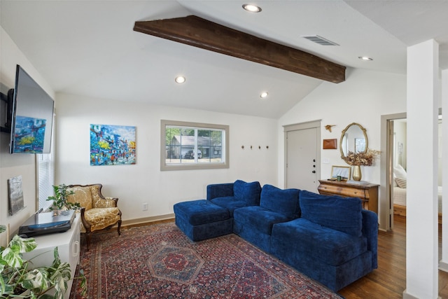 living room with recessed lighting, visible vents, lofted ceiling with beams, wood finished floors, and baseboards