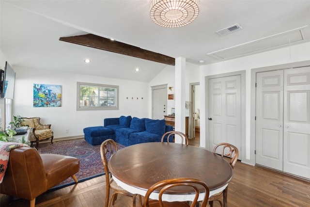 dining room featuring recessed lighting, visible vents, lofted ceiling with beams, attic access, and wood finished floors