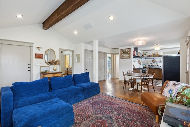 living room featuring vaulted ceiling with beams, wood finished floors, and recessed lighting